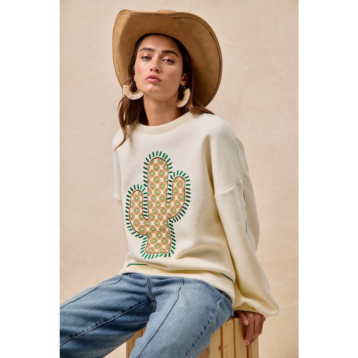 BiBi Cactus Embroidered Fleece Sweatshirt - Cream