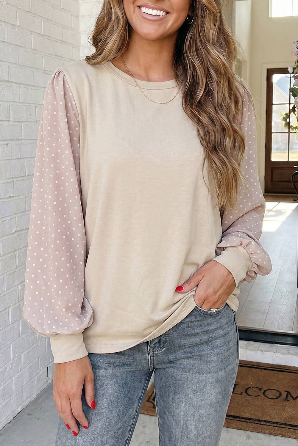 LA Society Las Polka Dot Bubble Sleeve Plus Size Blouse - Parchment