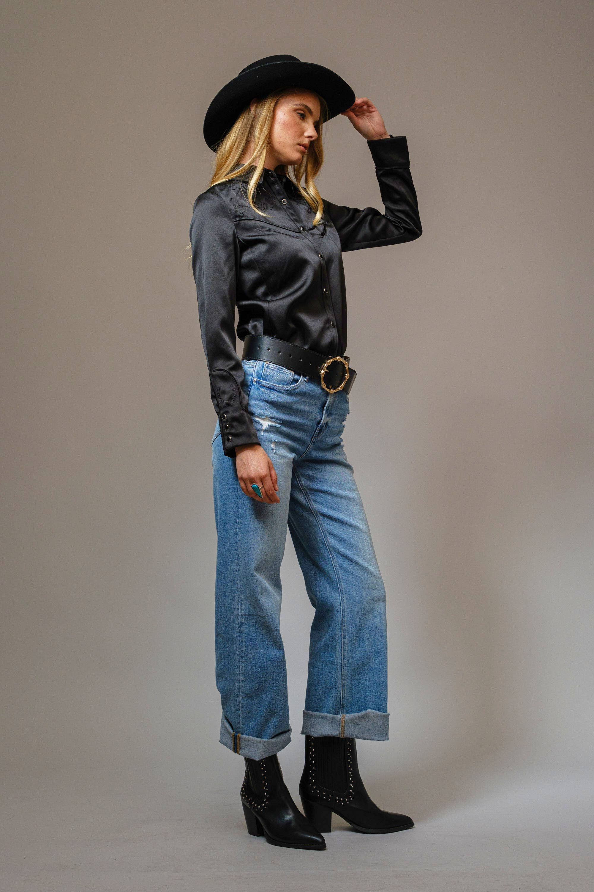 Blue B Satin Western Embroidered Snap Shirt - Black