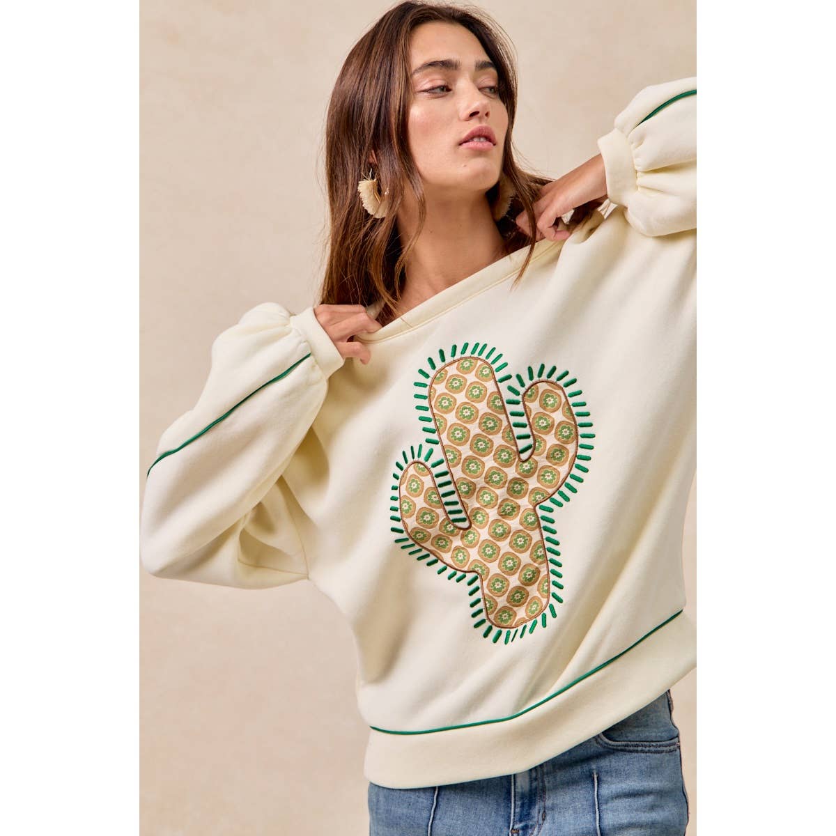 BiBi Cactus Embroidered Fleece Sweatshirt - Cream