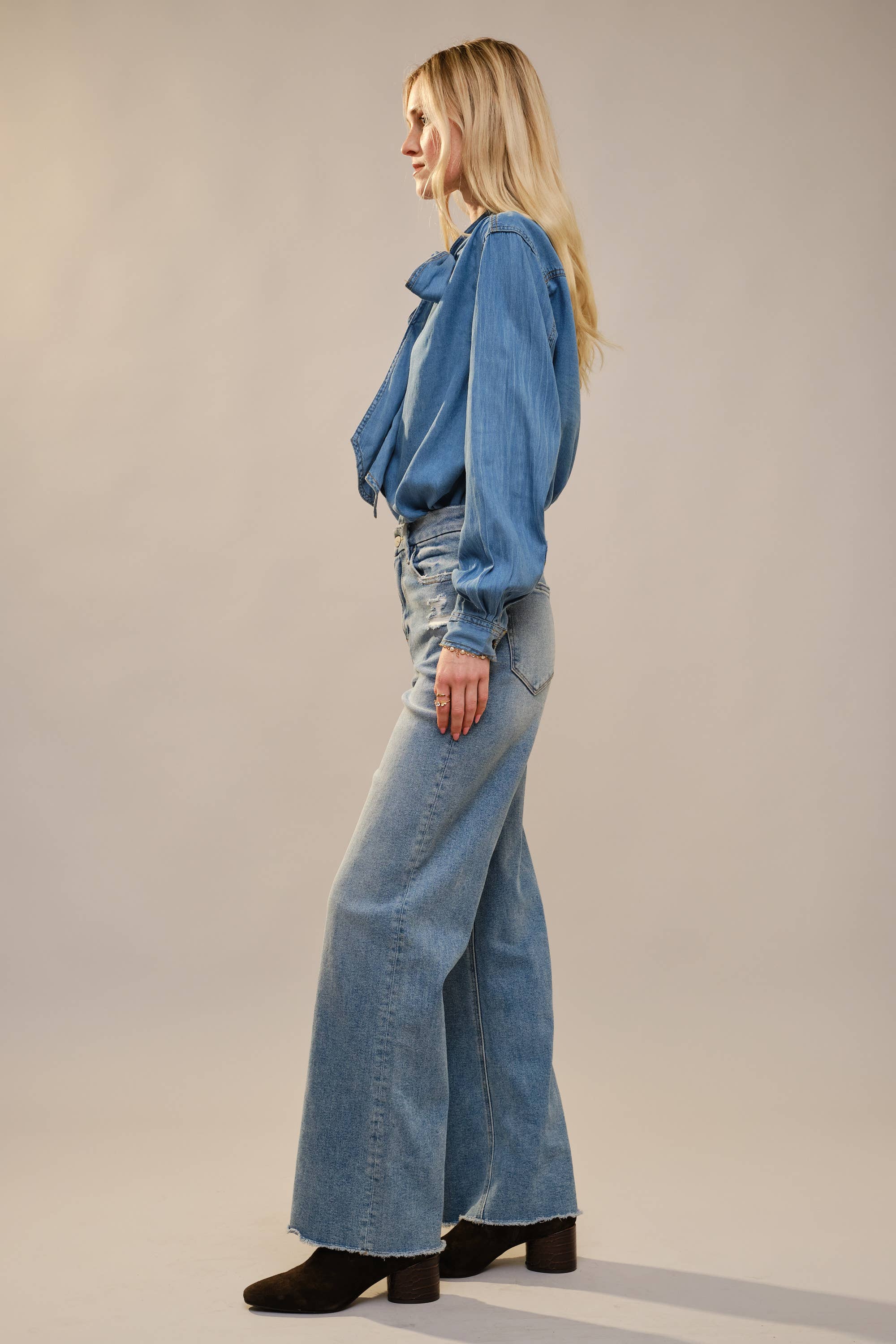 Blue B Cotton Tencel Blend Tie Neck Hidden Button Up Chambray Blouse - Medium Wash
