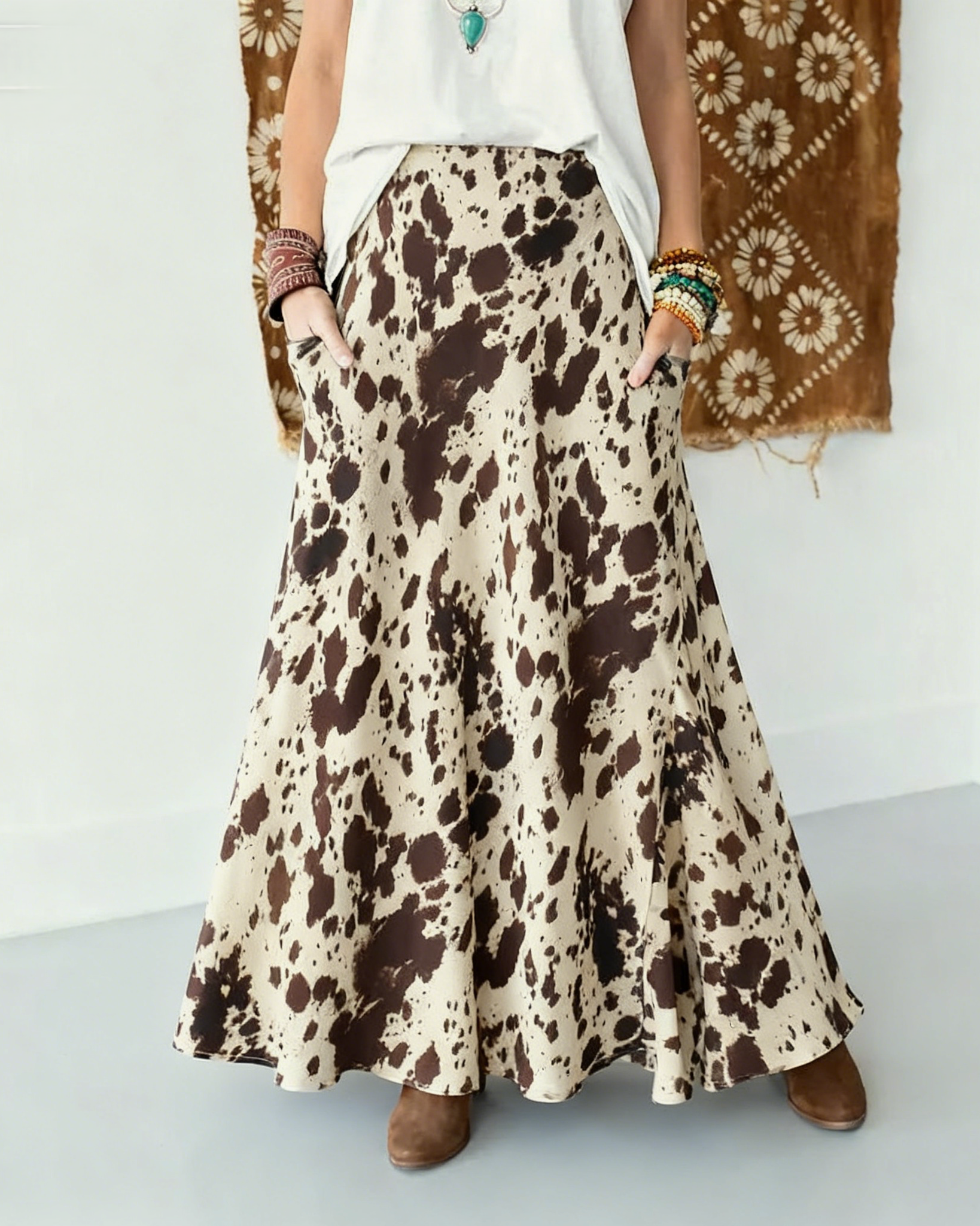 Rosa Clothing Satin Wild Western Animal Cow Print Skirt - Cow