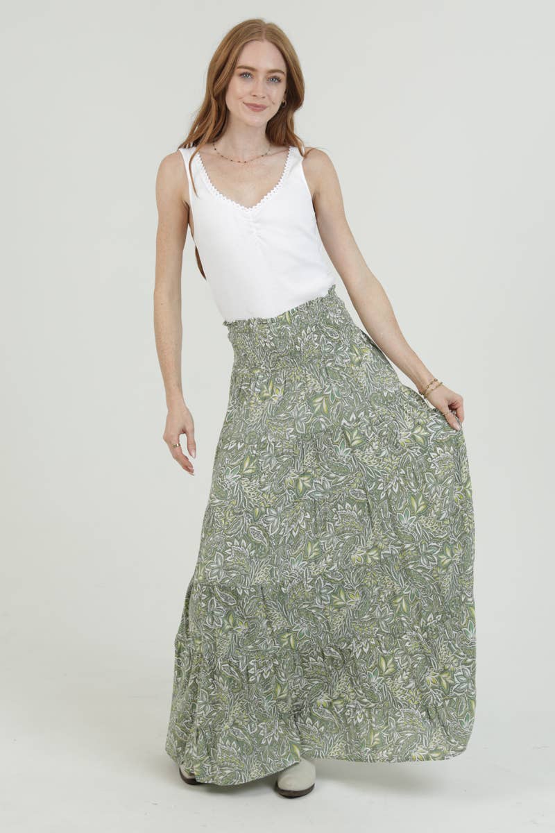 Angie Tiered Skirt with Smocked Waistband - Green
