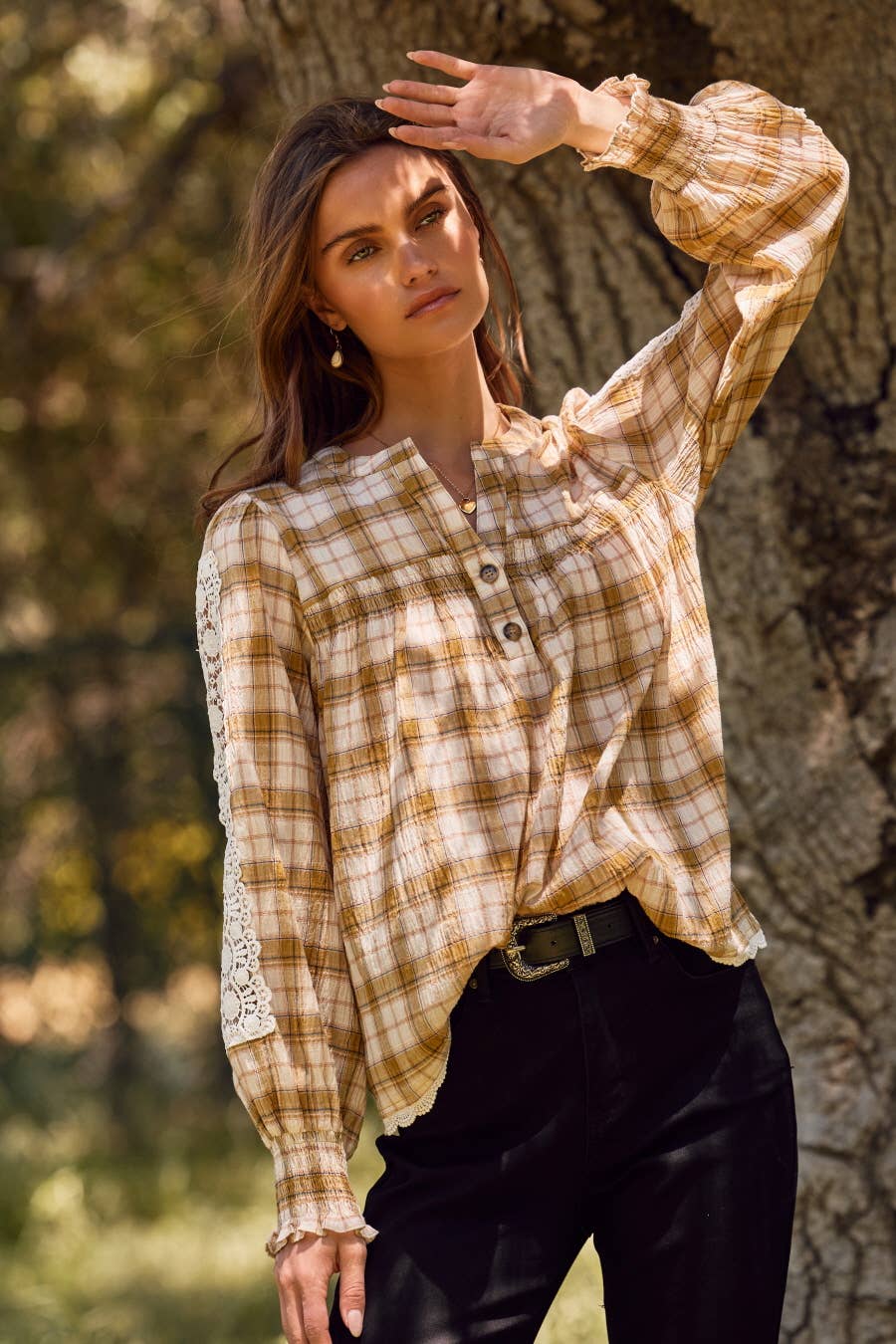 Oddi Plus Lace & Plaid Combo Long Sleeve Blouse - Sage Multi