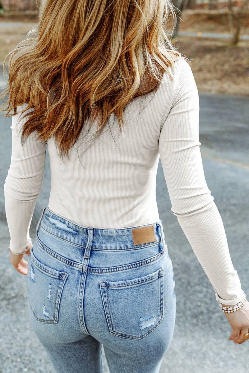 1 the Woman Ribbed Knit High Neck Long Sleeve Top - White - 1TW25122048-P1-XS