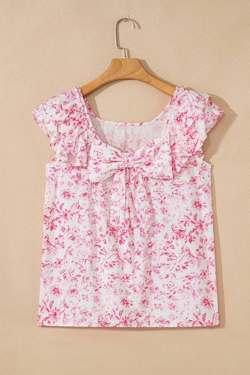 1 the Woman Floral Ruffled Short Sleeve Square Neck Bow Back Blouse - Pink - 1TW25132285-P1020-S
