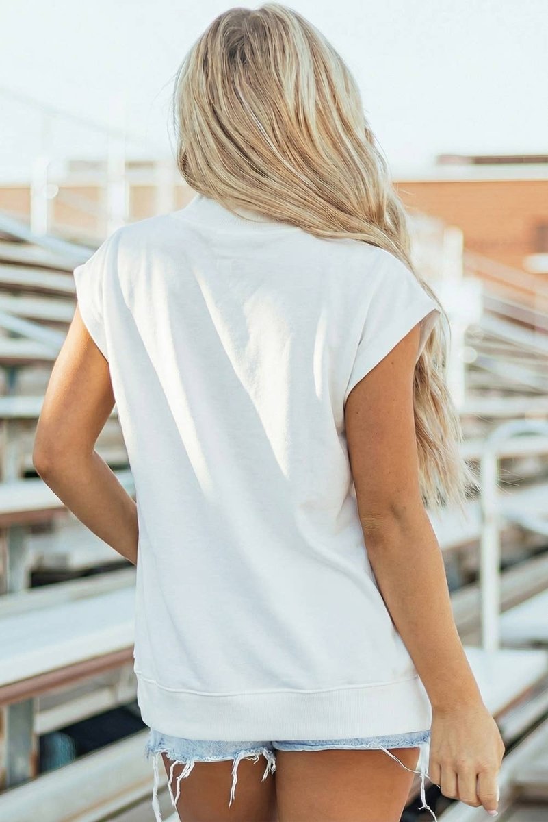1 the Woman Solid Color Mock Neck Cap Sleeve Loose Top - White - 1TW25136889-P1-S