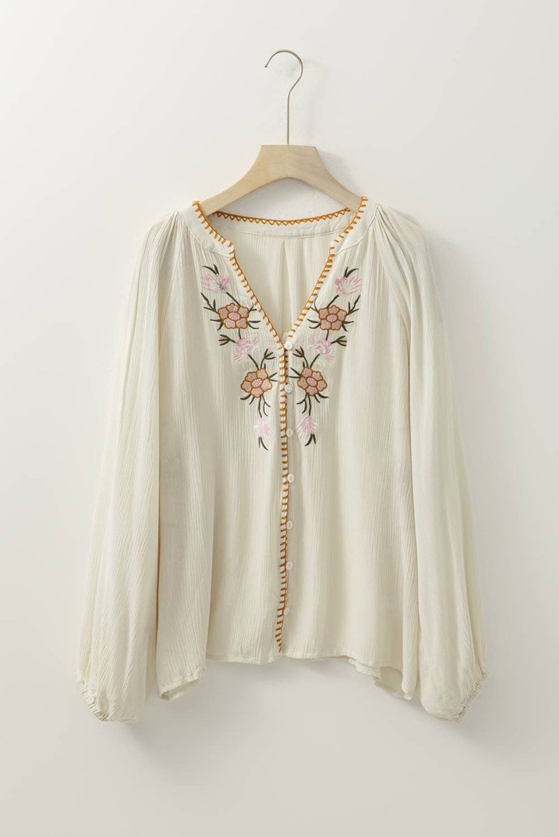 1 the Woman Floral Embroidered Textured Spring Puff Sleeve Loose Shirt Beige - 1TW2555810-P15-S