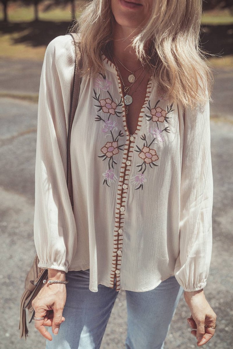 1 the Woman Floral Embroidered Textured Spring Puff Sleeve Loose Shirt Beige - 1TW2555810-P15-S