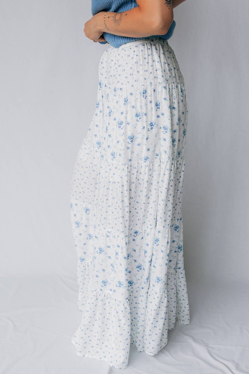 1 the Woman High Waist Tiny Floral Print Boho Maxi Skirt - Sky Blue - 1TW7211577-P420-S