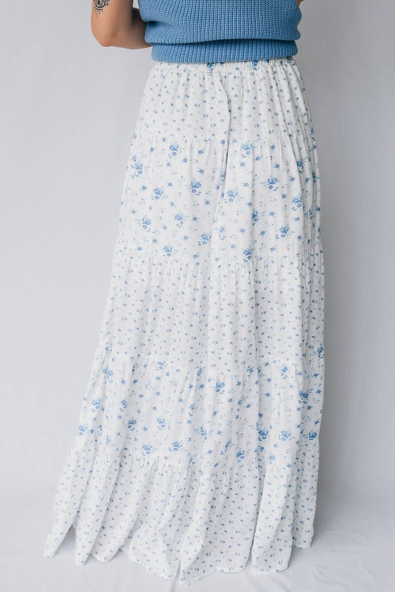 1 the Woman High Waist Tiny Floral Print Boho Maxi Skirt - Sky Blue - 1TW7211577-P420-S