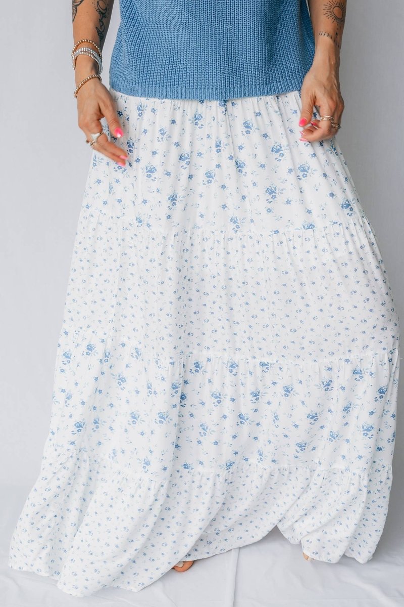 1 the Woman High Waist Tiny Floral Print Boho Maxi Skirt - Sky Blue - 1TW7211577-P420-S