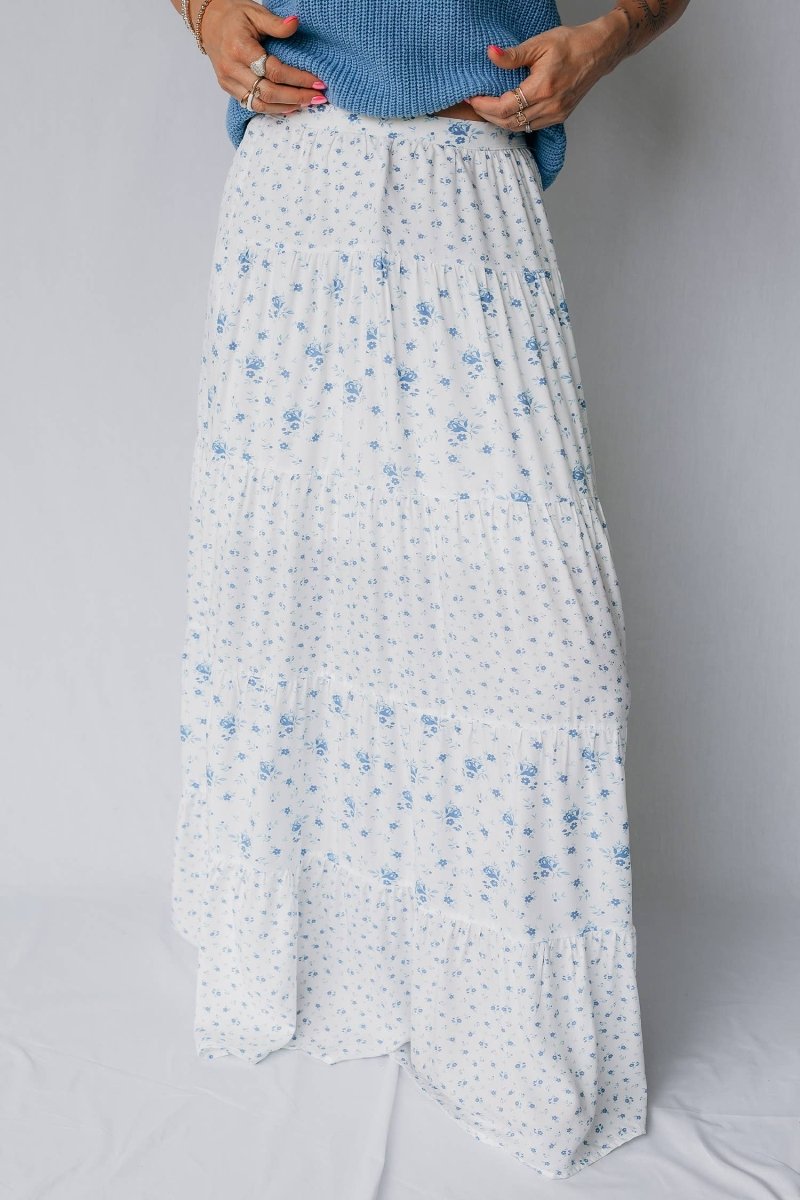 1 the Woman High Waist Tiny Floral Print Boho Maxi Skirt - Sky Blue - 1TW7211577-P420-S