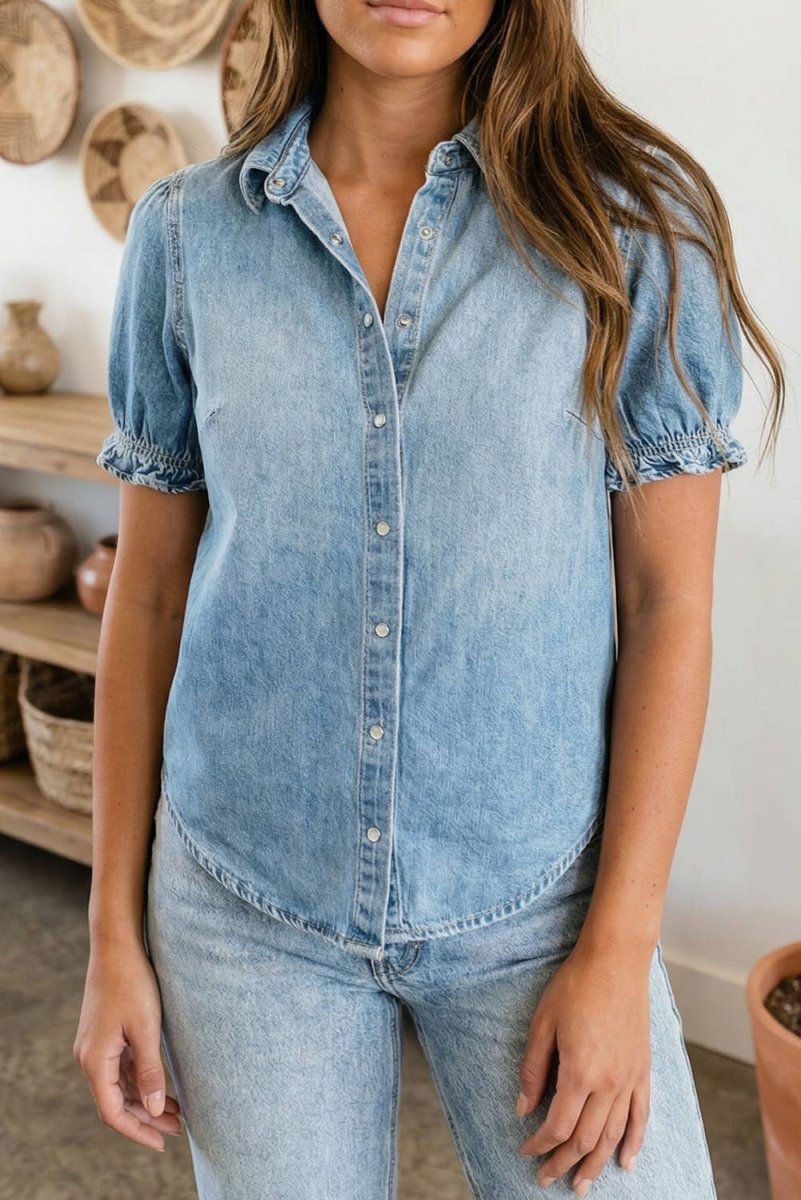 1 the Woman Beau Blue Western Puff Sleeve Denim Button Down Shirt - 1TW7821635-P804-S