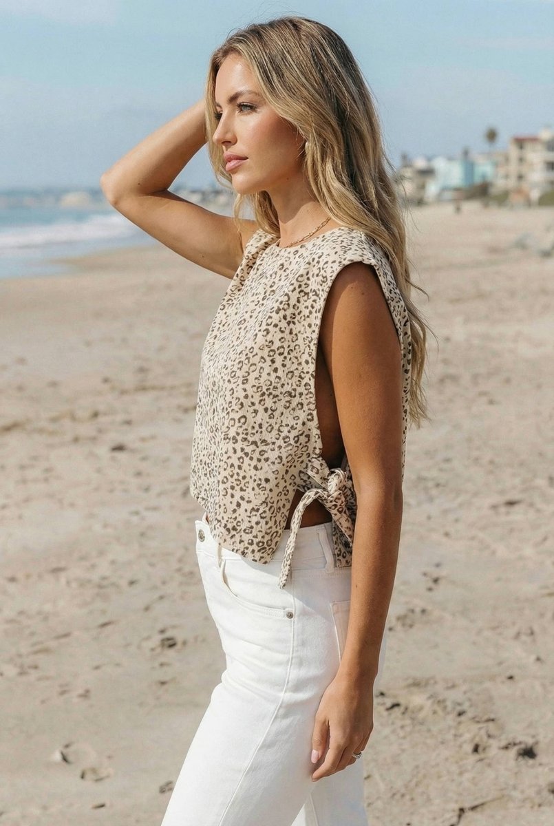 1 the Woman Western Leopard Print Knot Side Twill Vest - Apricot - 1TW853673-P1820-S