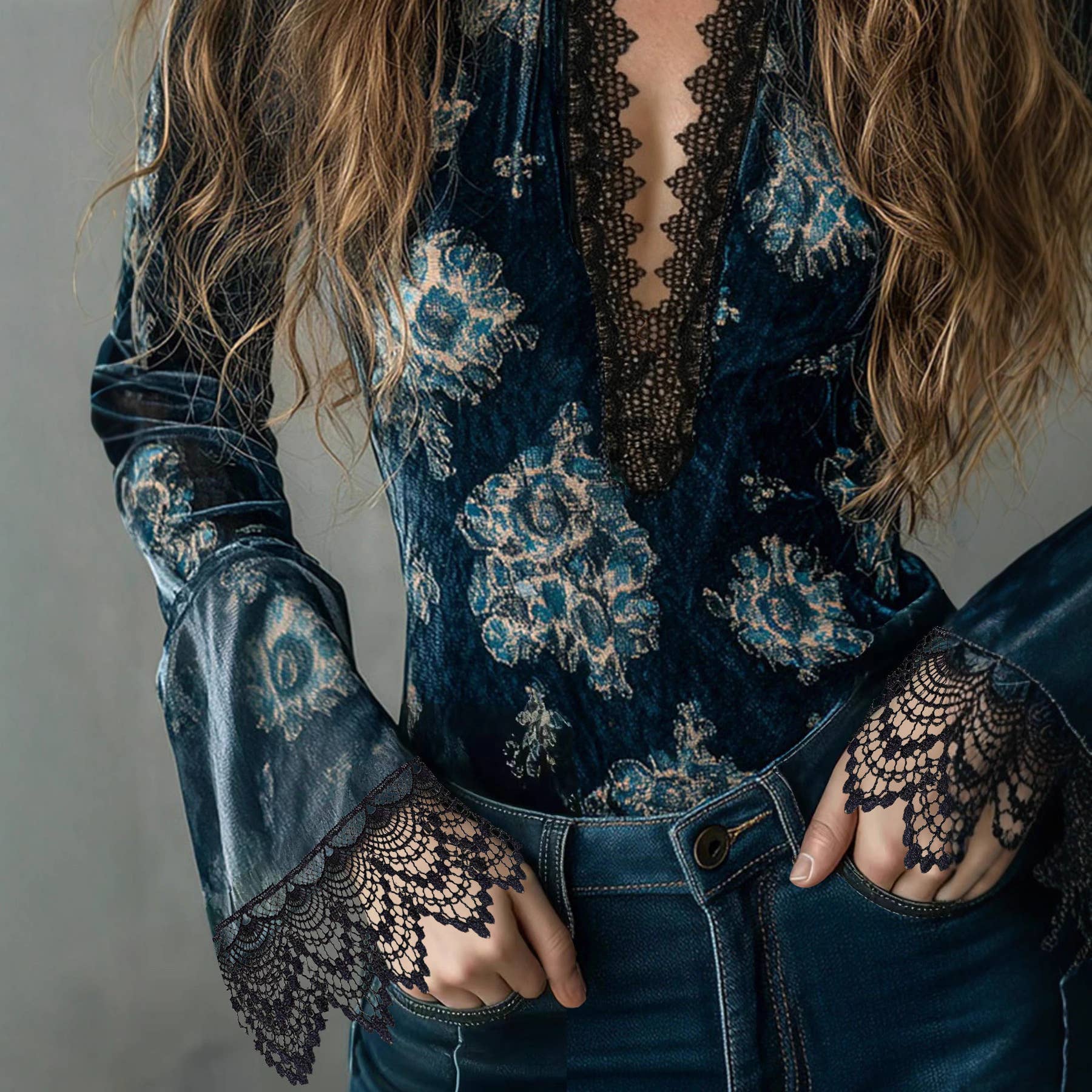 Rosa Clothing Floral Lace Trim Long Sleeve Blouse - Navy