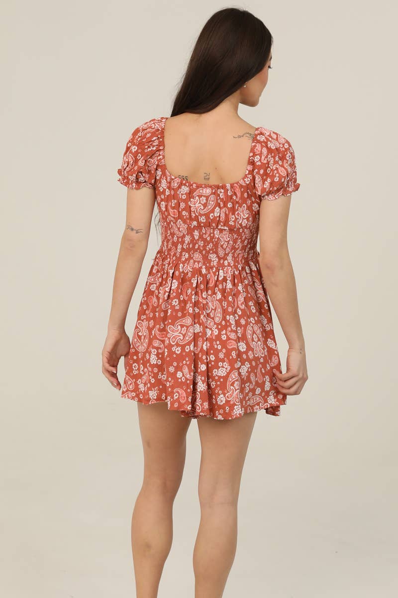 Angie Paisley Print Short Sleeve Romper - Clay