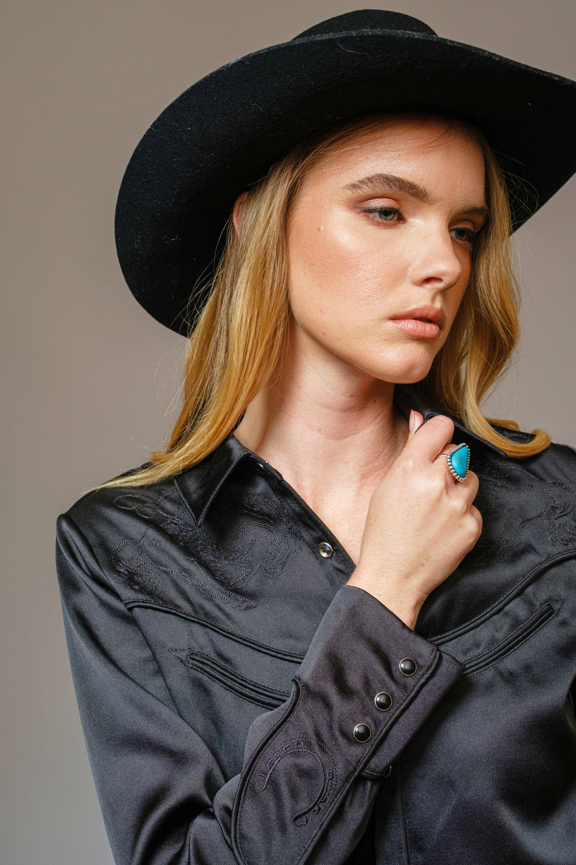 Blue B Satin Western Embroidered Snap Shirt - Black