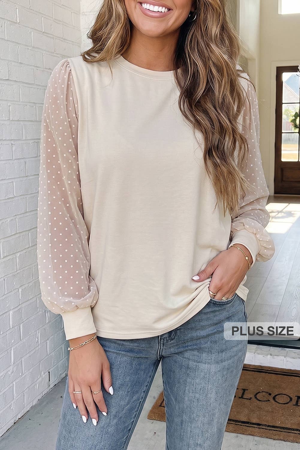 LA Society Las Polka Dot Bubble Sleeve Plus Size Blouse - Parchment