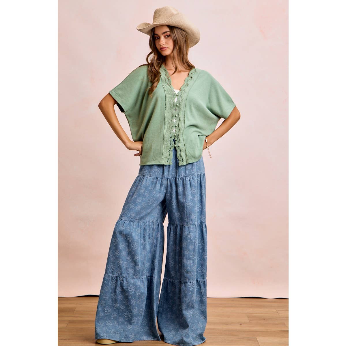 BiBi Floral Tiered Flare Denim Pants - Denim