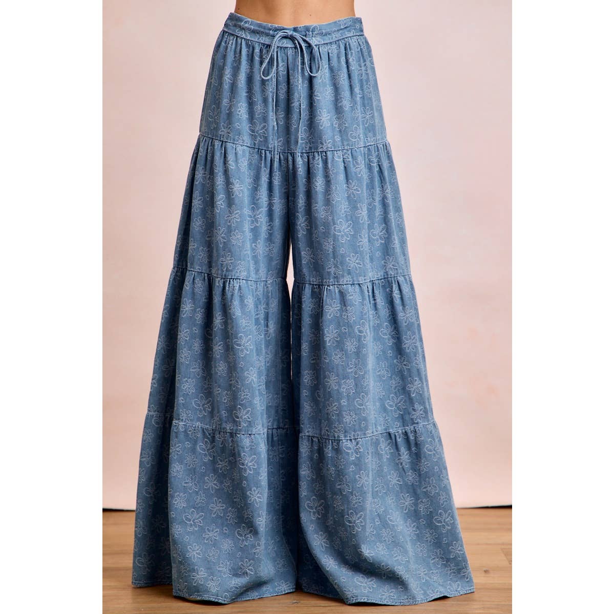BiBi Floral Tiered Flare Denim Pants - Denim
