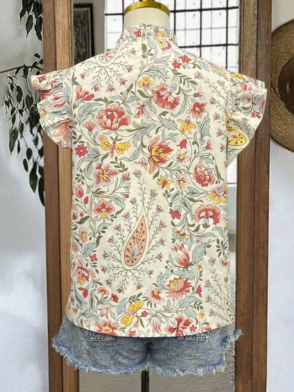 HIDDENBRAND Retro Floral Print Ruffle Flutter Sleeve Blouse - Floral