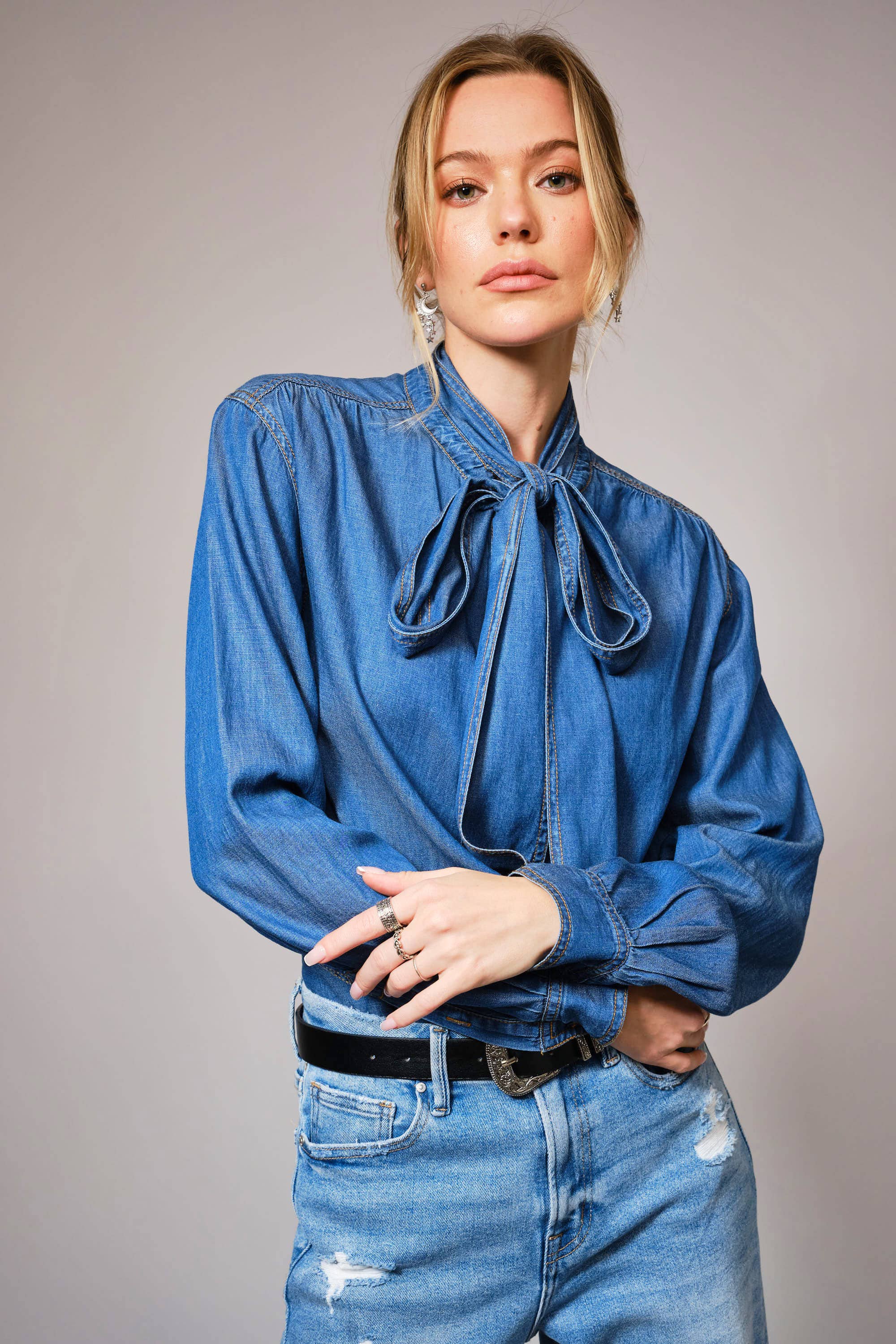 Blue B Cotton Tencel Blend Tie Neck Hidden Button Up Chambray Blouse - Medium Wash