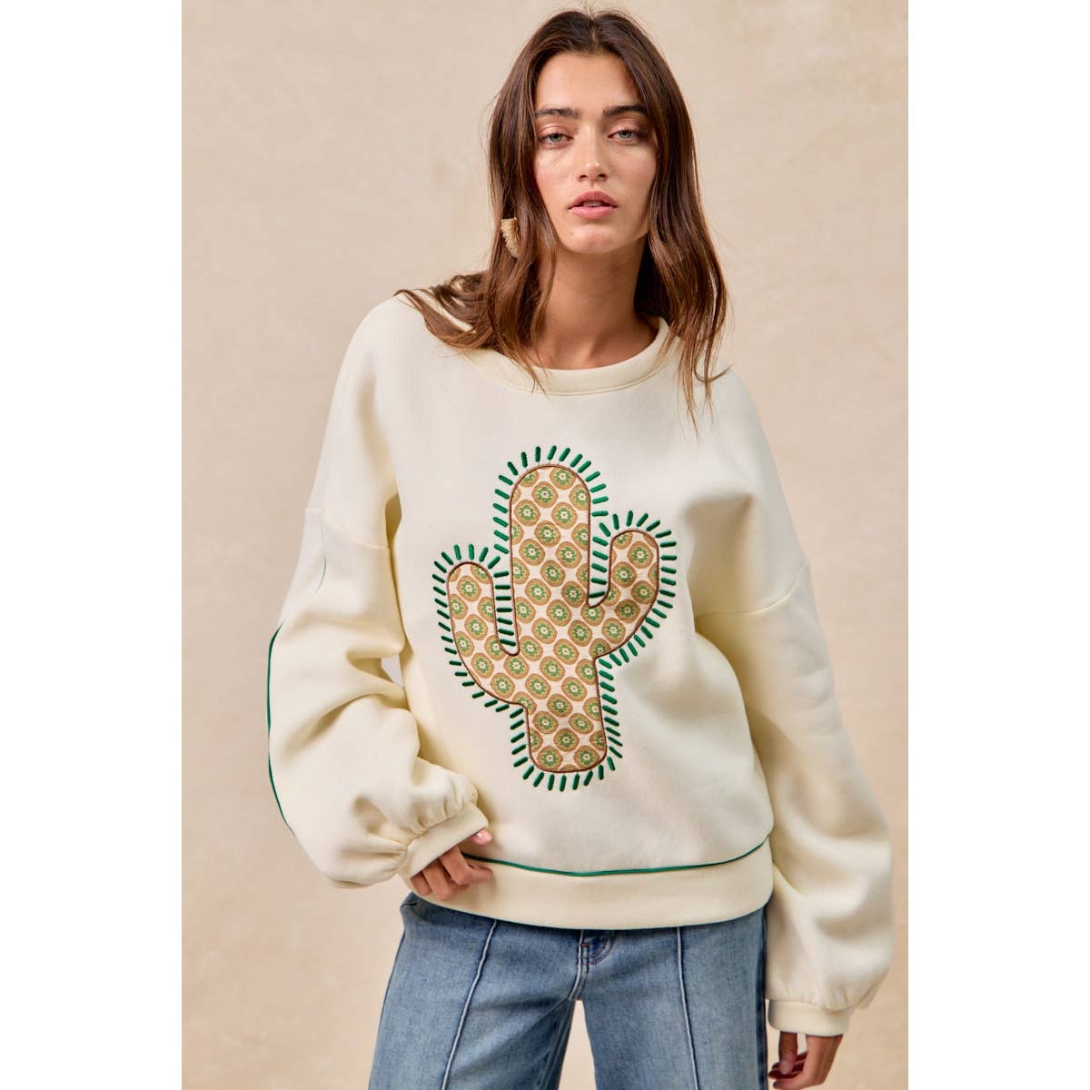 BiBi Cactus Embroidered Fleece Sweatshirt - Cream