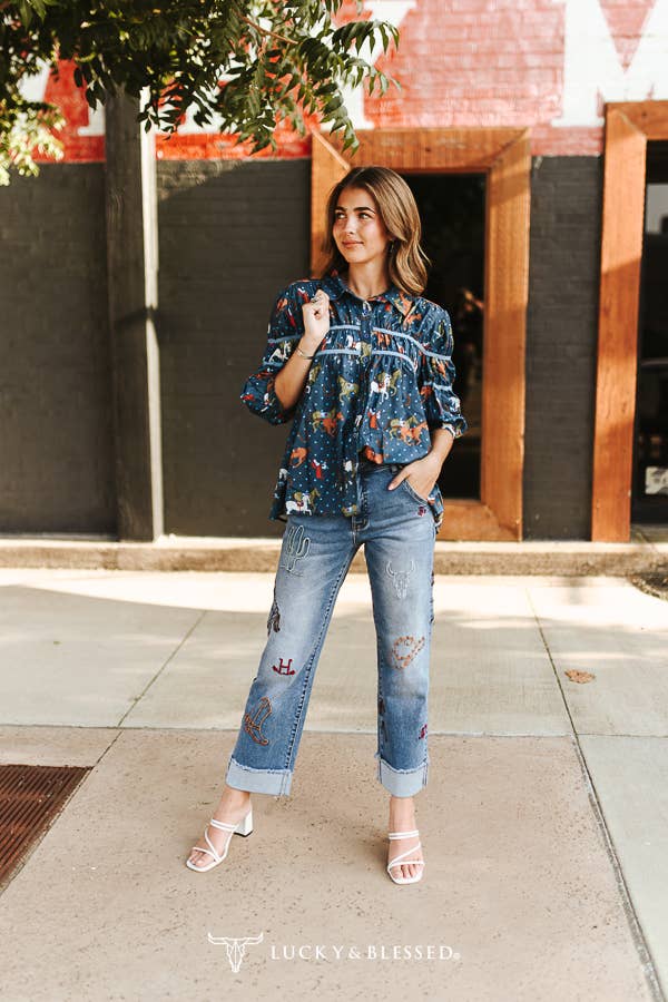Lucky & Blessed Women's Plus Size Navy Western Horse Print Contrast Piping Blouse