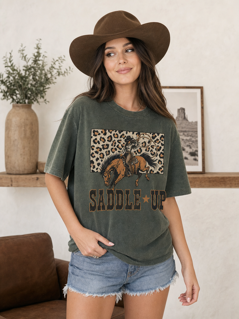 Avery Apparel Saddle Up Cowgirl Graphic Mineral Wash T-Shirt - Army Green