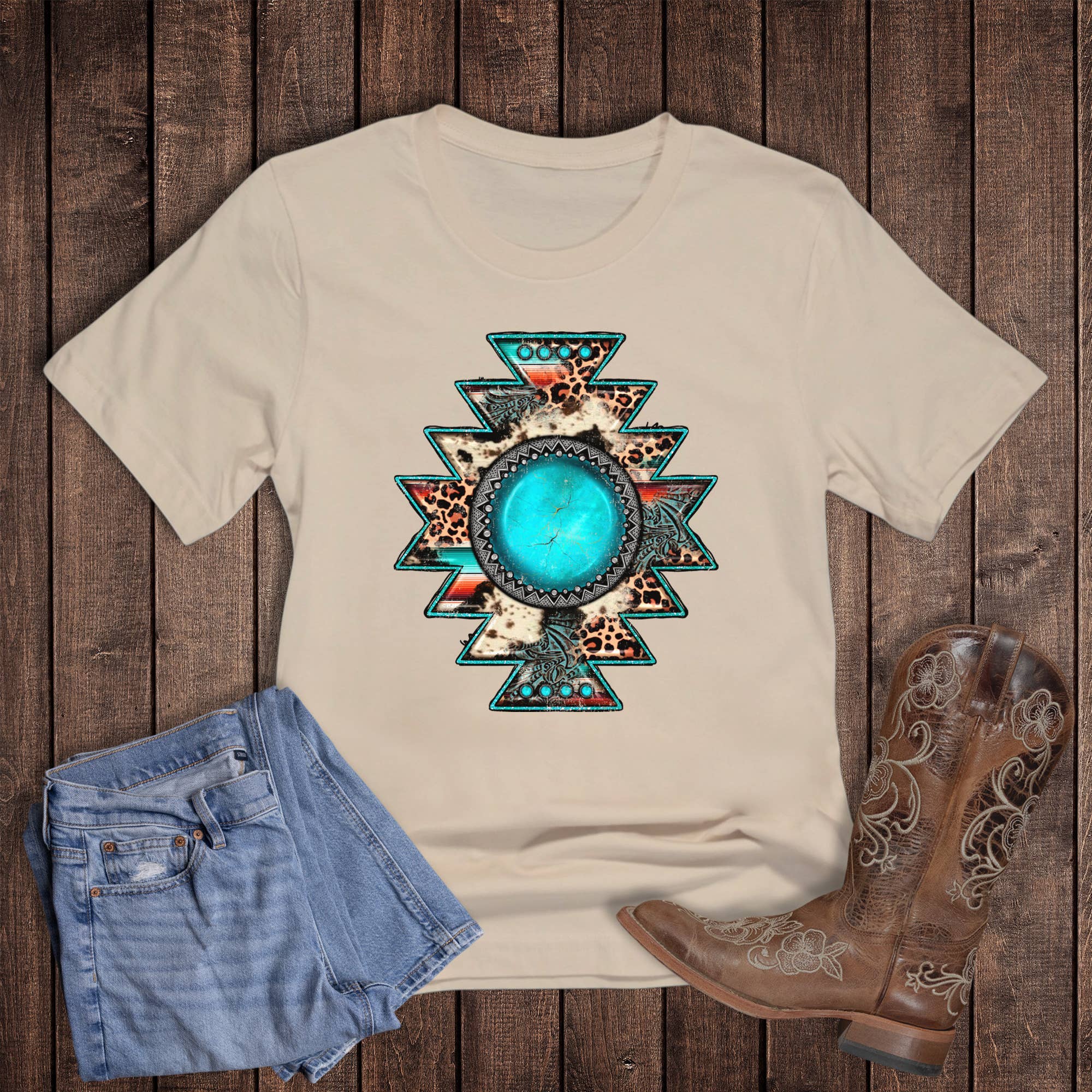 Rebel Rose Western Turquoise Aztec Pendant Graphic Tee - Cream