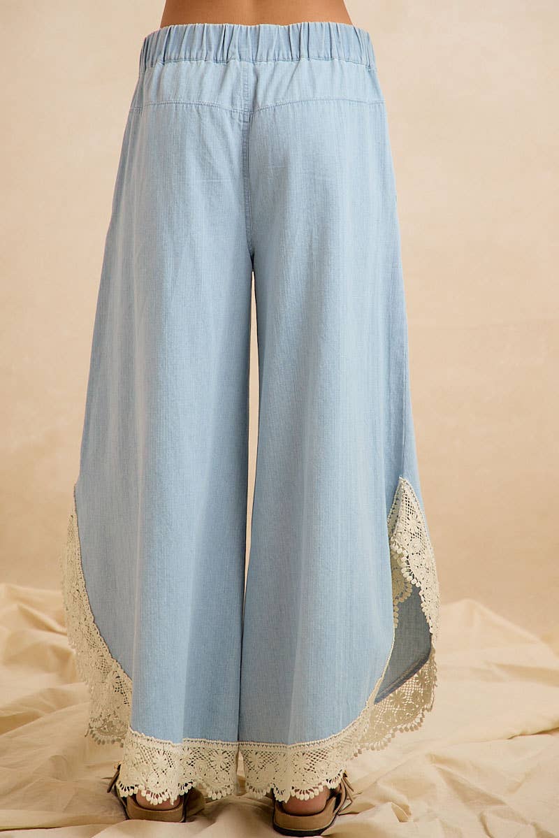 BiBi Wide Leg Crochet Lace with Tulip Hem Jeans - Denim