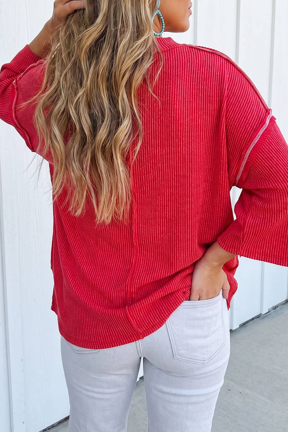 LA Society Las Ribbed Bracelet Sleeve Plus Size Blouse - Fiery Red