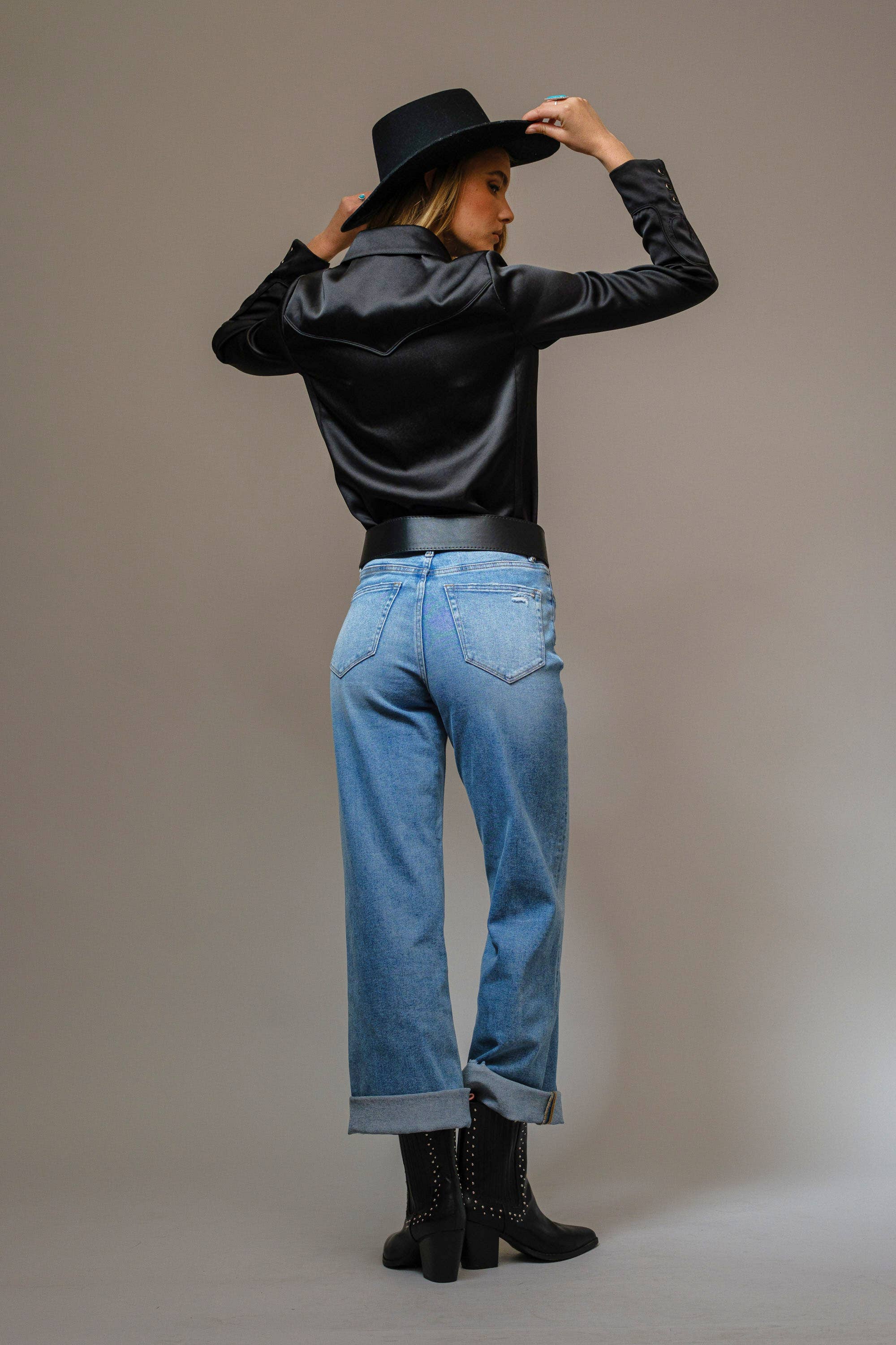 Blue B Satin Western Embroidered Snap Shirt - Black