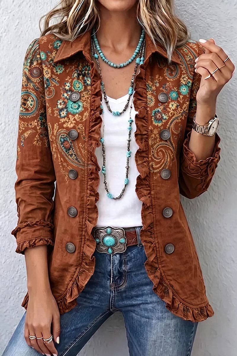 Soli Echo Women's Ruffled Paisley Button Front Jacket - Brown