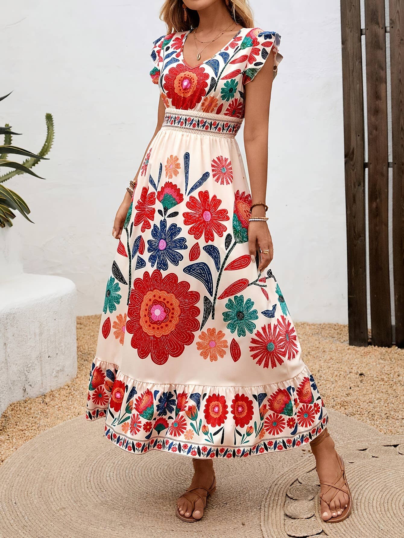 Rosa Clothing Bohemian V-Neck Ruffled Floral Flowy Vacation Dress - Floral