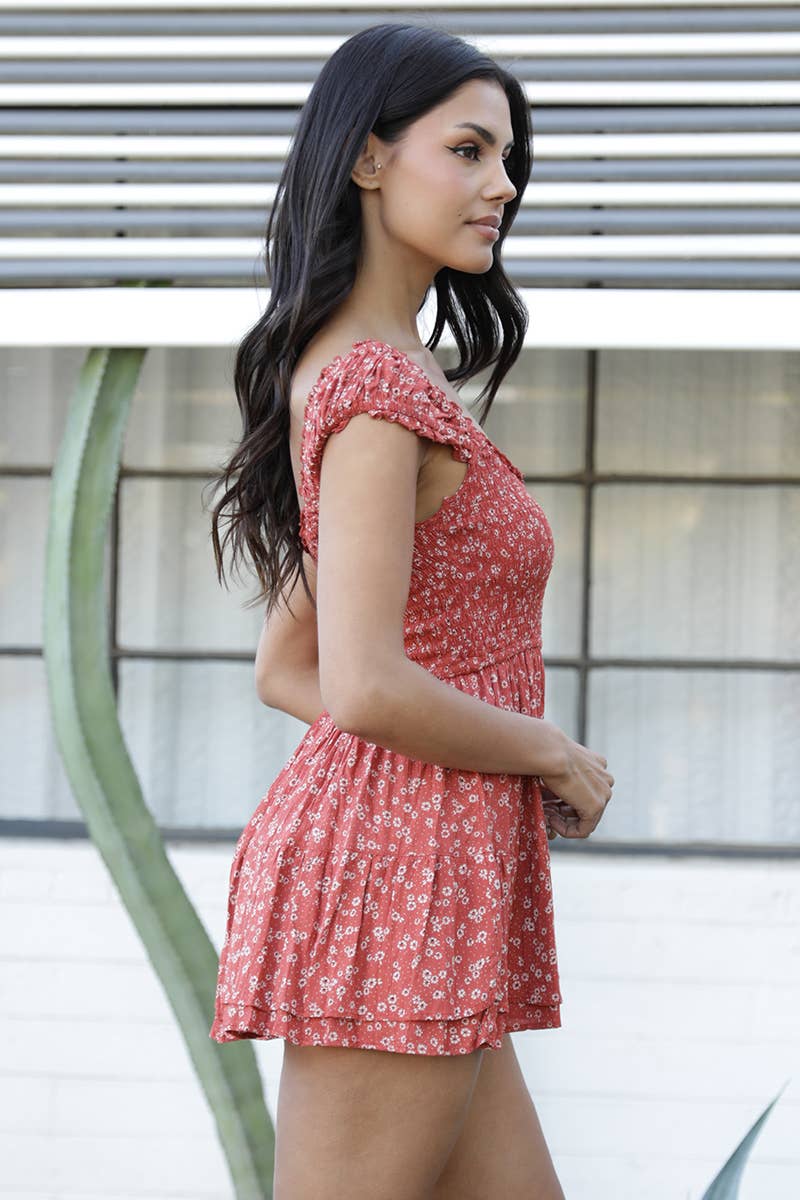Angie Smocked Bodice Romper with Skirt Overlay - Rust