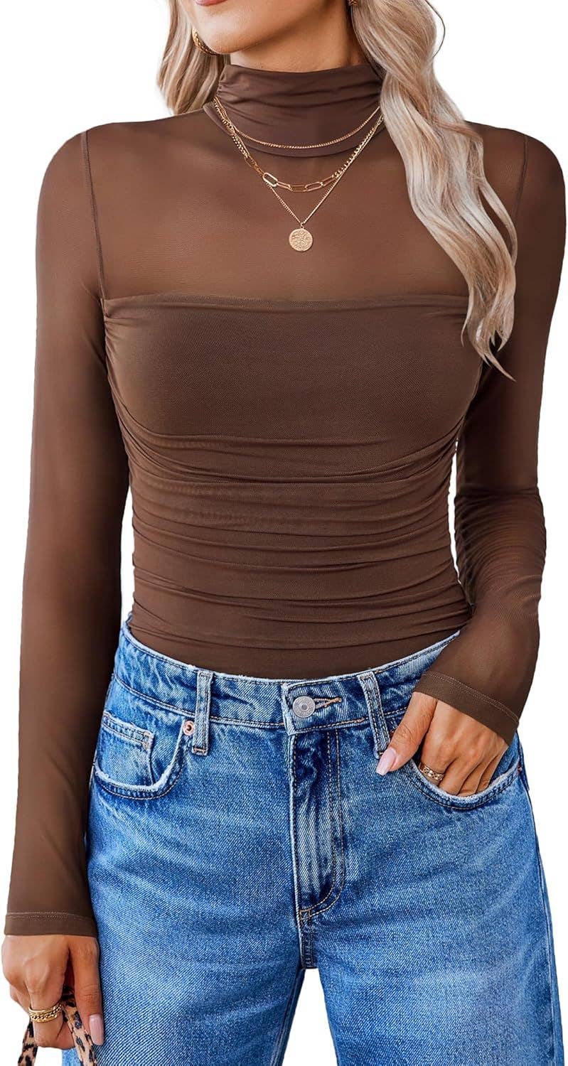 HIDDENBRAND Women's Mesh Panels Sheer Half-Neck Top - Coffee