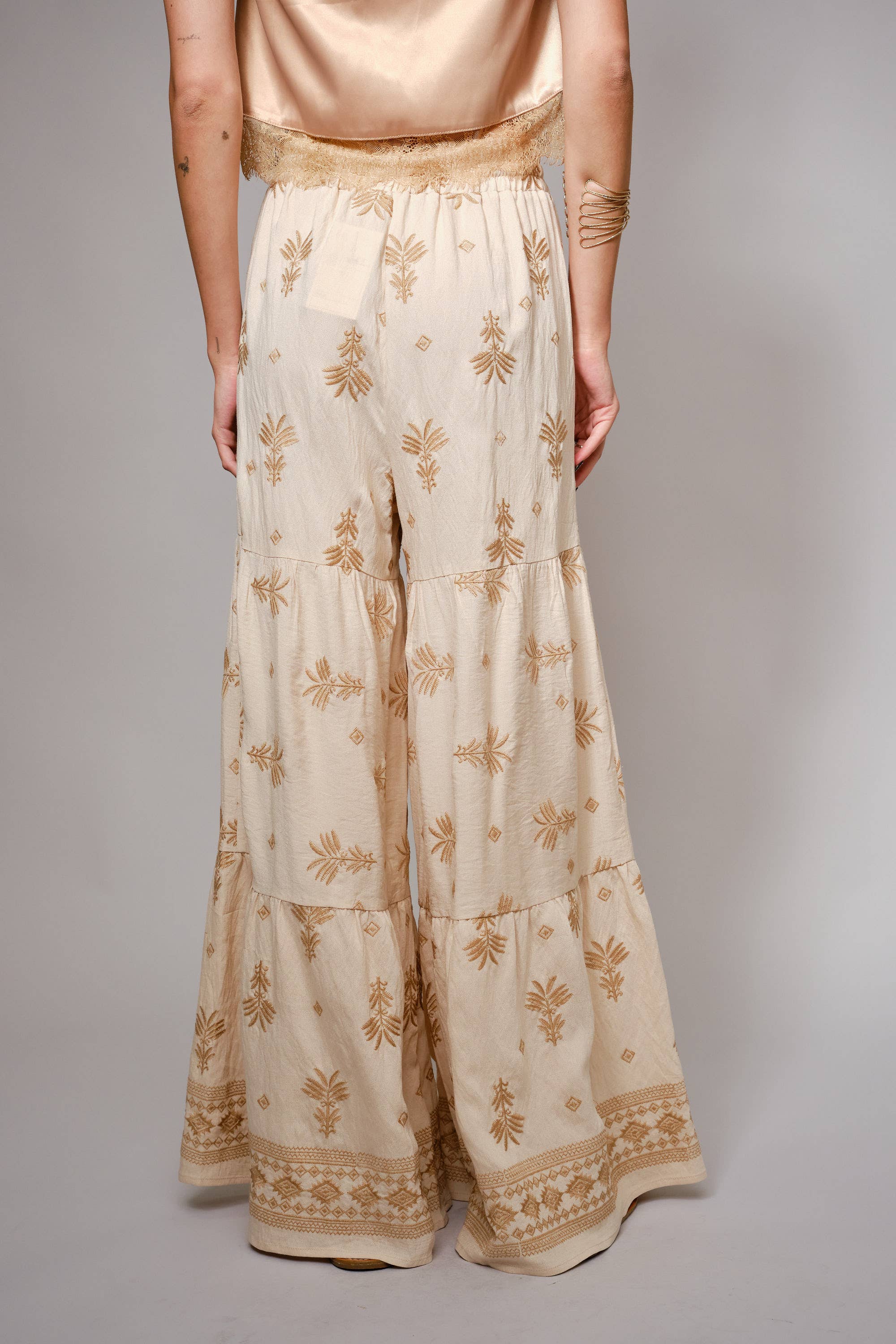 Blue B Embroidered Tassel Tie Front Tiered Palazzo Pants - Beige