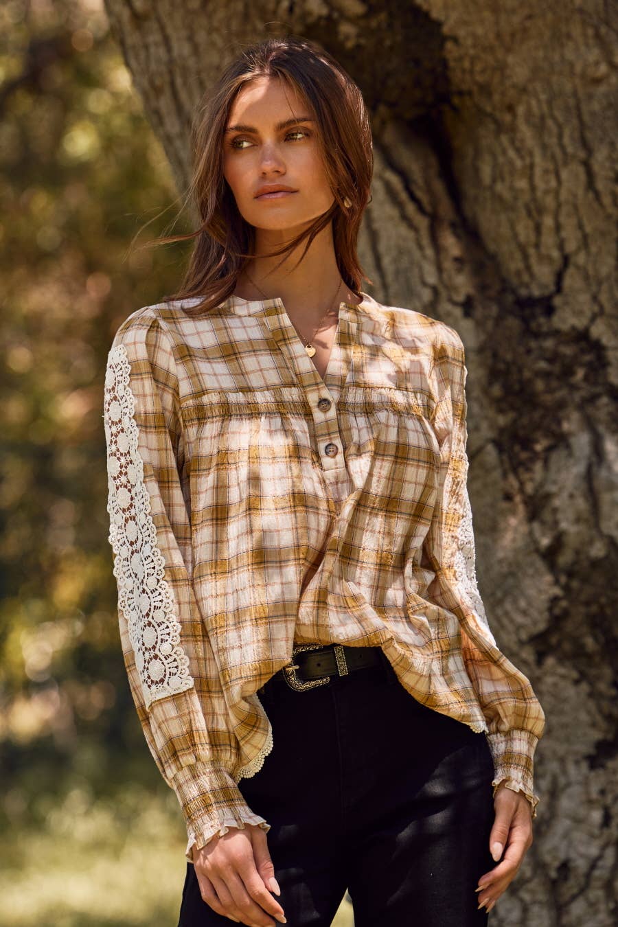 Oddi Plus Lace & Plaid Combo Long Sleeve Blouse - Sage Multi