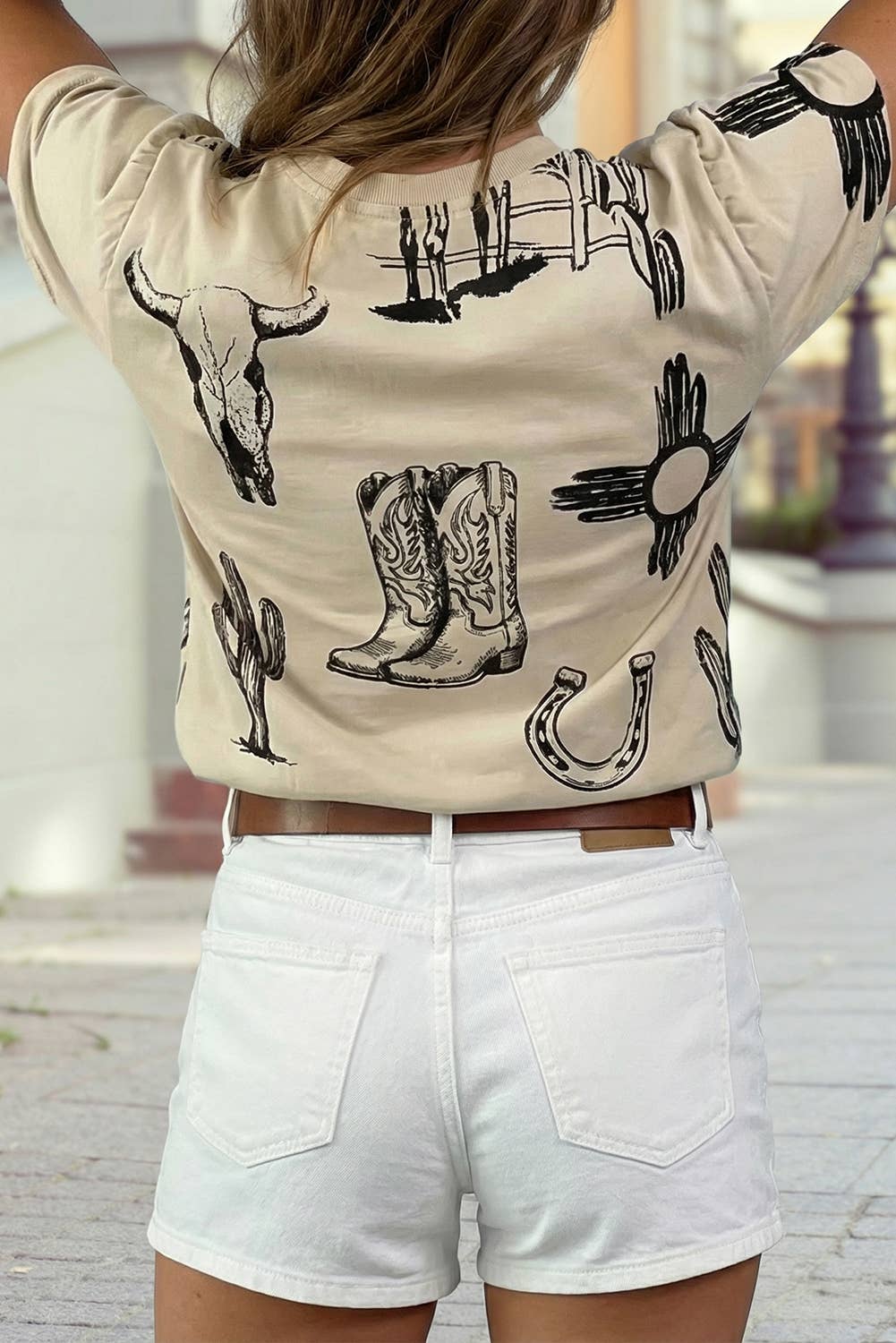 1 The Woman Western Cowboy Boot and Cactus Print Desert Aesthetic Tee - Beige