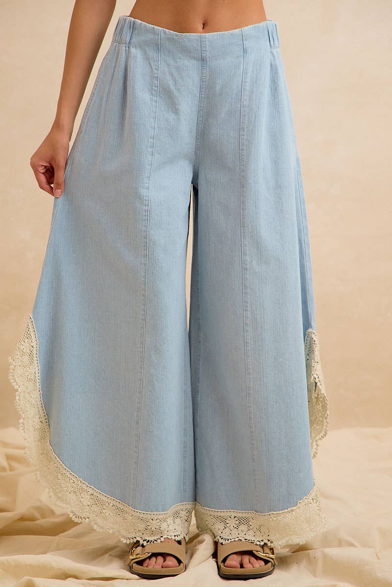 BiBi Wide Leg Crochet Lace with Tulip Hem Jeans - Denim