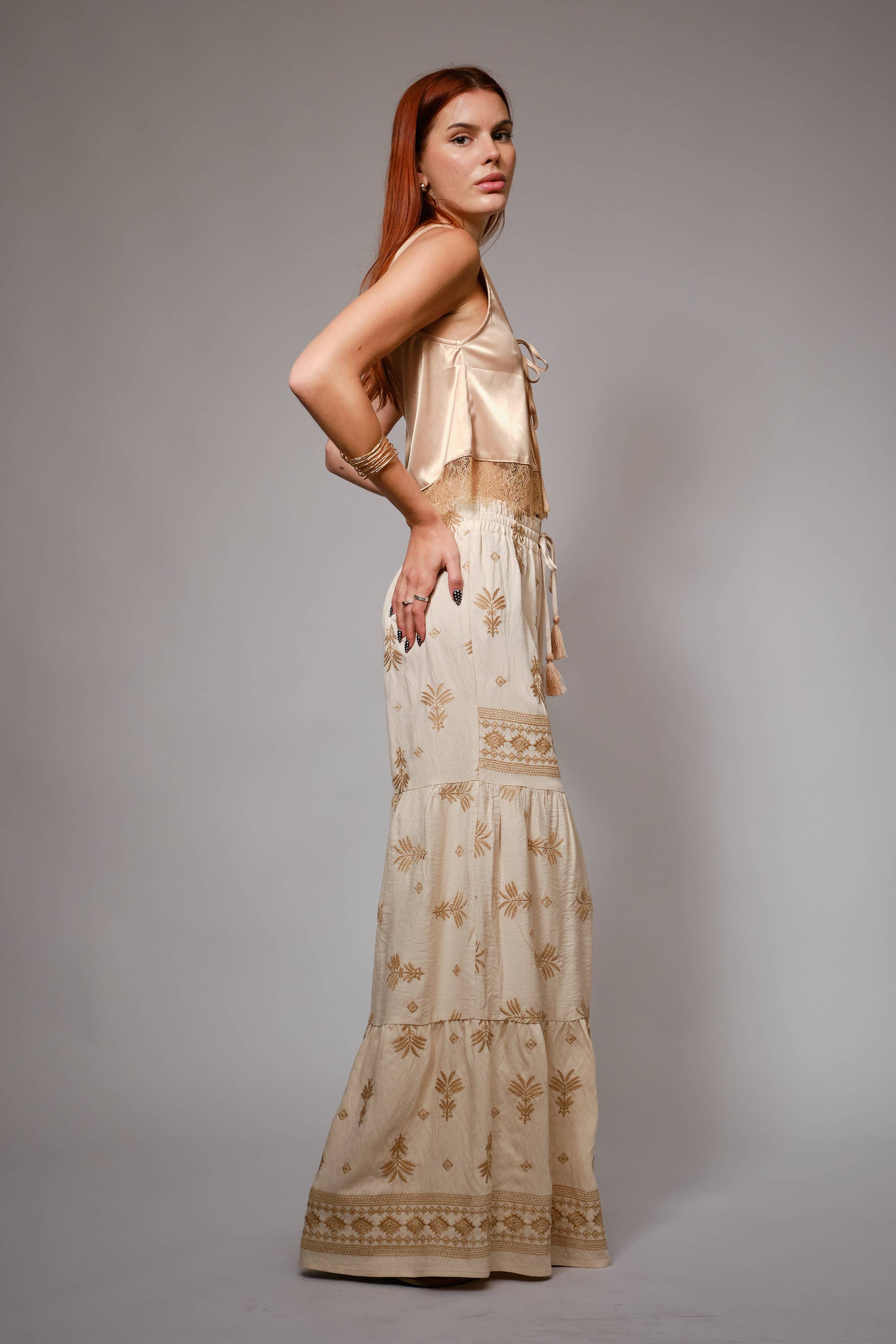 Blue B Embroidered Tassel Tie Front Tiered Palazzo Pants - Beige