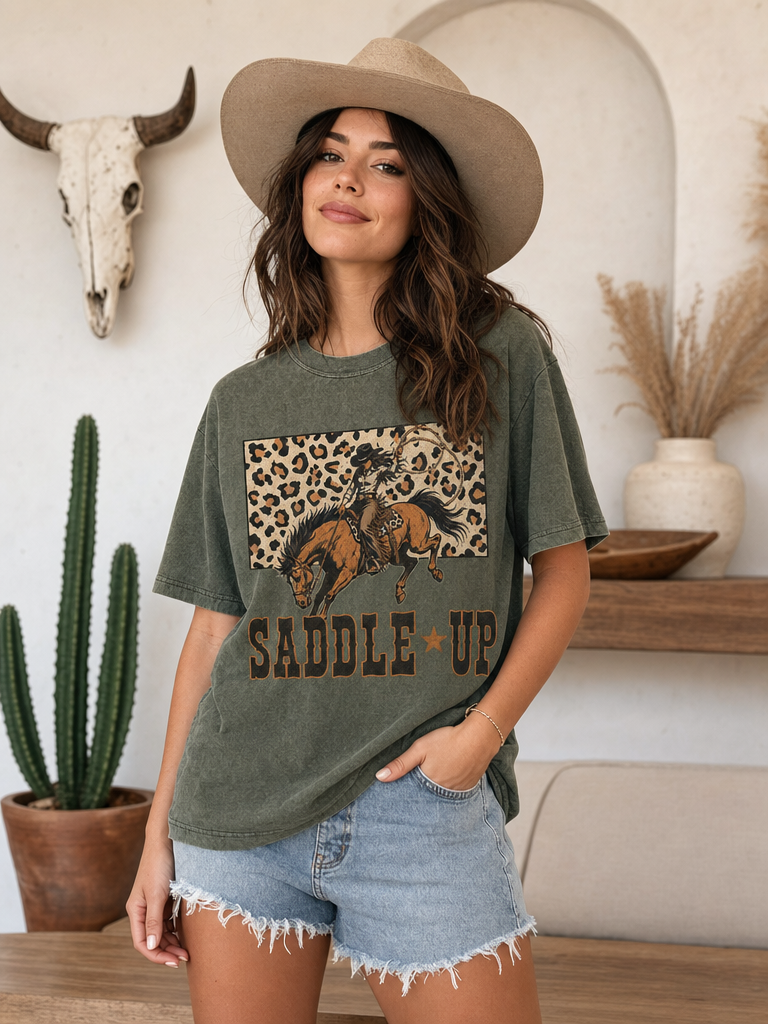 Avery Apparel Saddle Up Cowgirl Graphic Mineral Wash T-Shirt - Army Green
