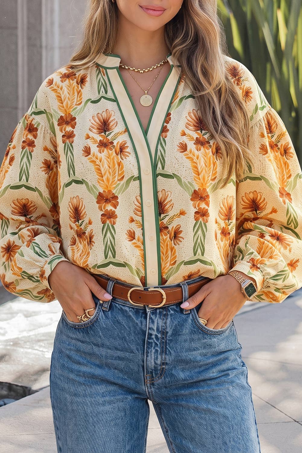 Evela Floral Print V Neck Long Sleeve Shirt - Yellow