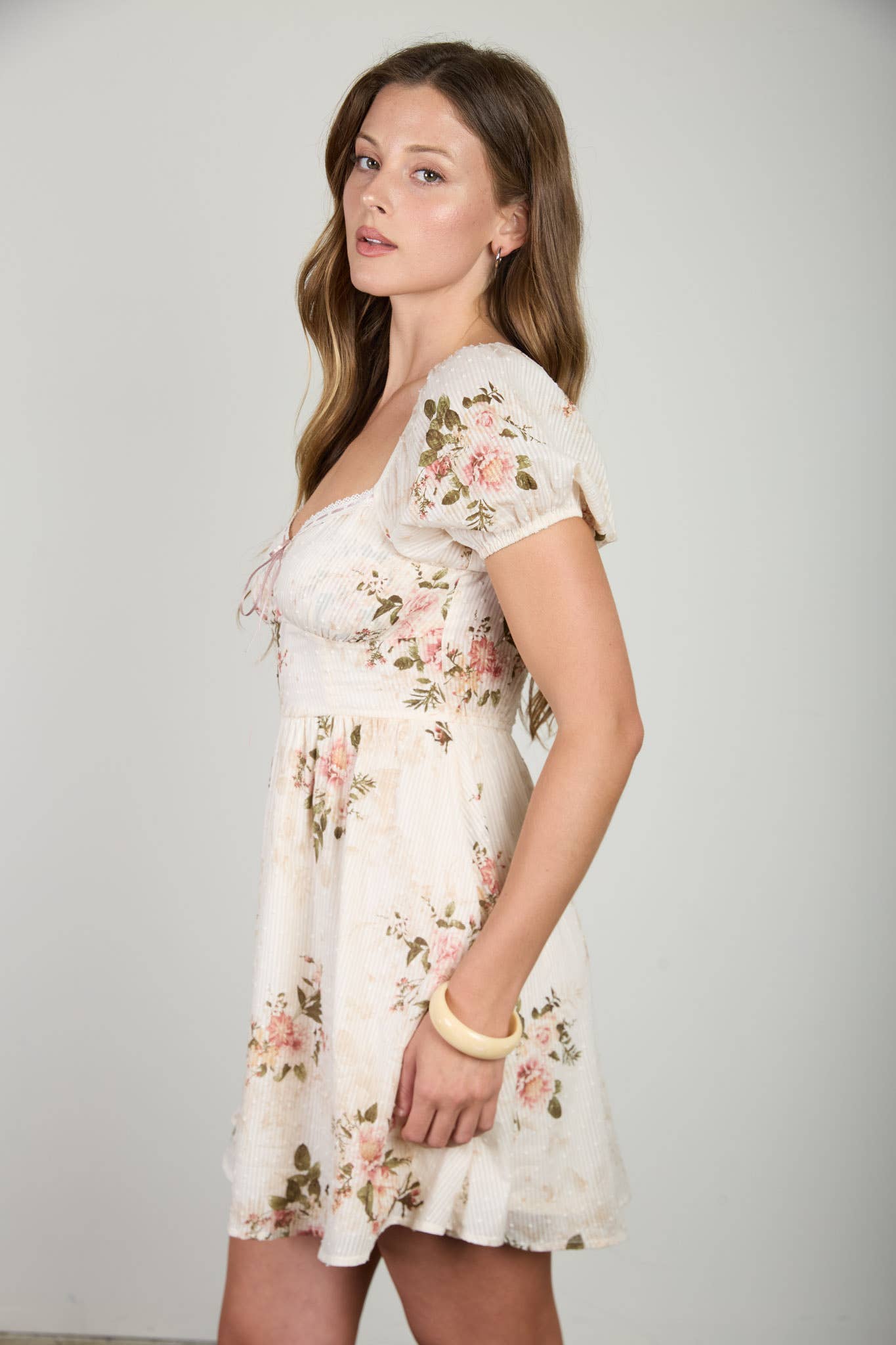 Blu Pepper Floral Stripe Clip Dot Sweetheart Corset Mini Dress - Champagne Multi