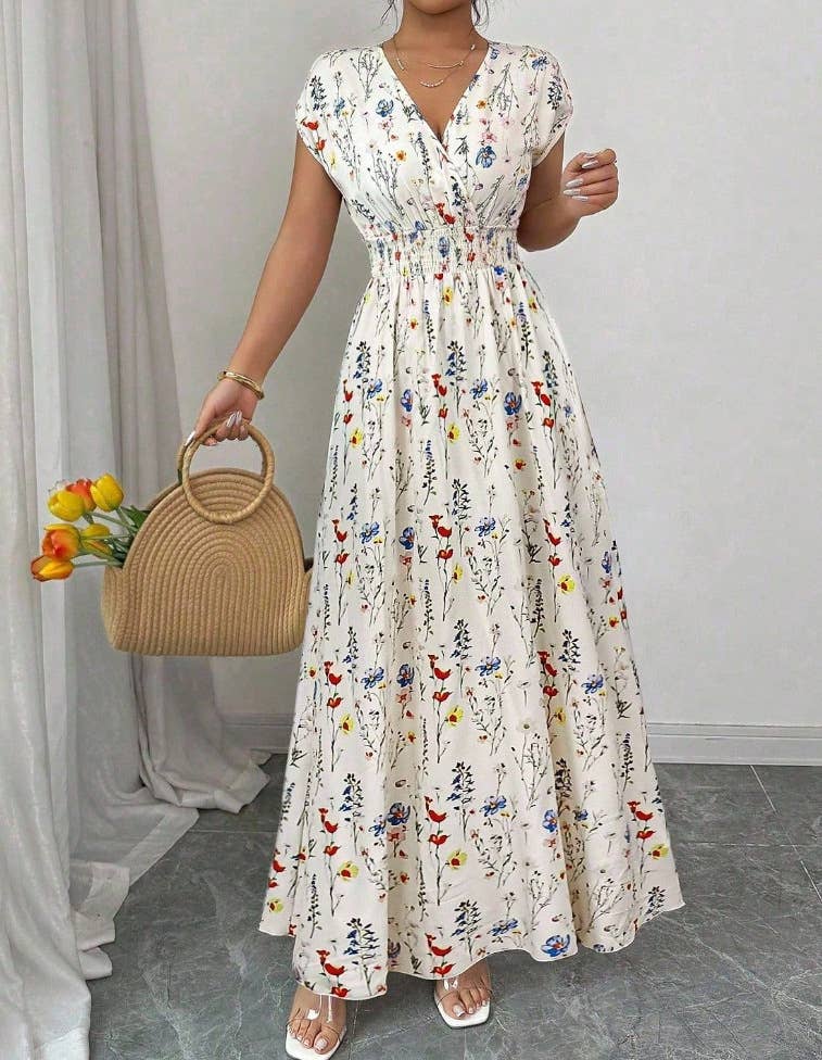 HIDDENBRAND Smocked Waist Cap Sleeve Floral Print Maxi Dress -Beige