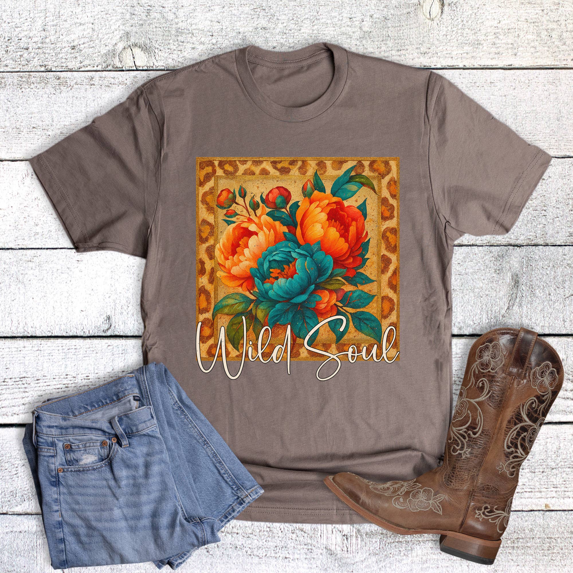 Rebel Rose Leopard Floral Wild Soul Frame Graphic Tee - Shitake