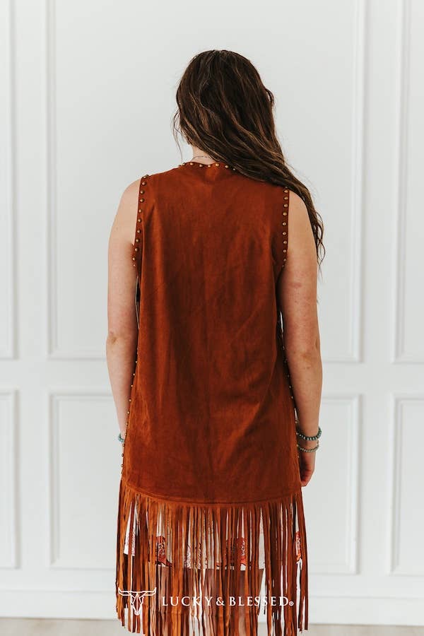 Lucky & Blessed Brown Stretch Suede Gold Vintage Studded Fringe Hem Vest