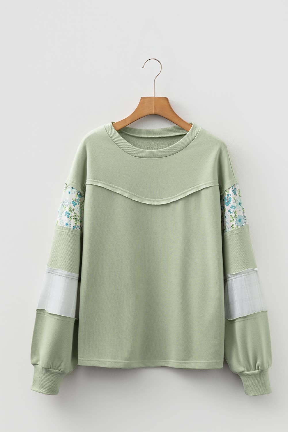 1 the Woman Floral Plaid Mixed Sleeve Raw Edge Relaxed French Terry Top - Laurel Green